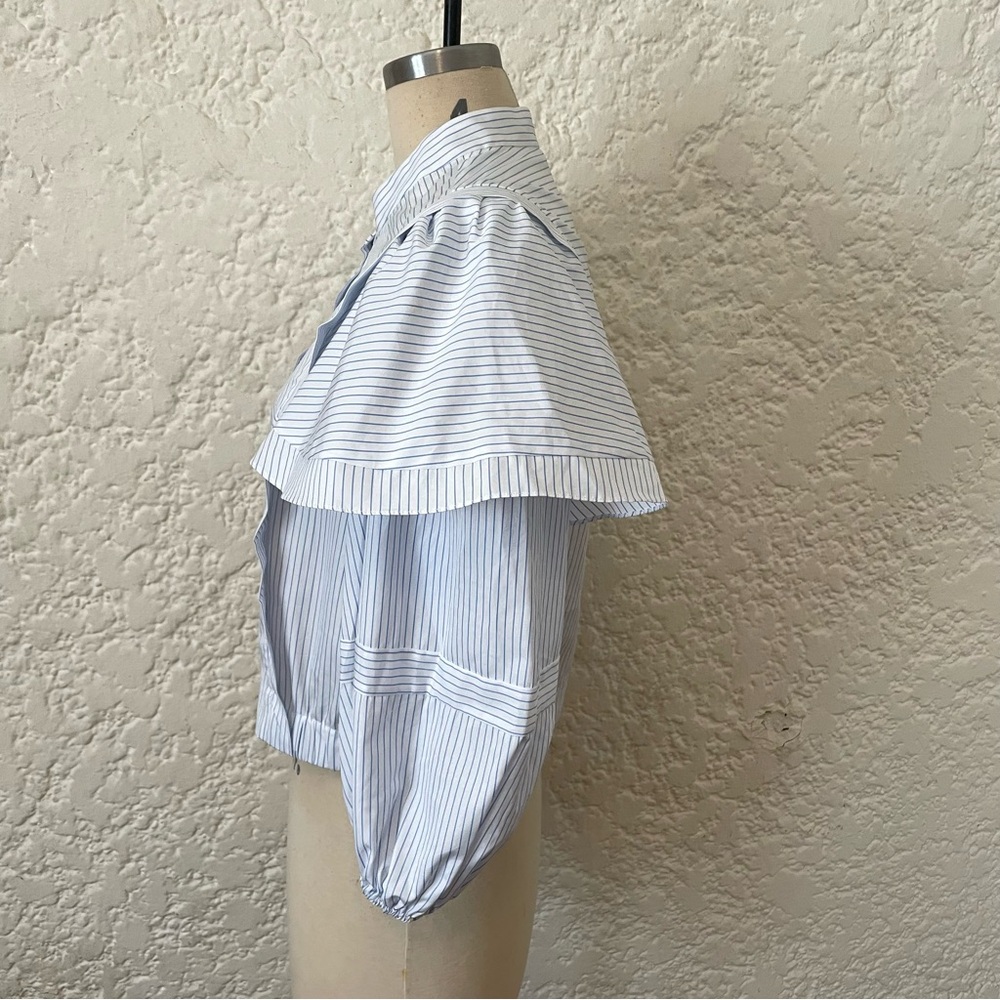 Sandro Yzeure Blue + White Cotton Striped Ruffled Cropped Shirt Size 4, Preppy - Picture 2 of 14